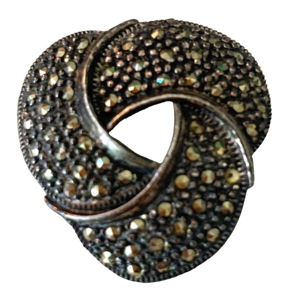 Vintage 925 Sterling Silver Marcasite Twist Brooch Pin 1.25"